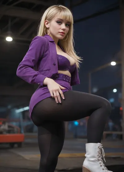 4K, UHD, masterpiece, best quality, (Pacifica Northwest from Gravity Falls), Pacifica has long beach blonde hair with bell-shaped bangs and dark blue eyes. Pacifica usually wears a purple jacket with a short lavender dress, a periwinkle belt, and black leggings with off-white boots. She wears heavy purple eyeshadow and lavender hoop earrings. Large tits, bubble butt, (naughty seductive grinding:1.6), (at the night club, sensual grinding against her female friend:1.5), (close-up:1.4)