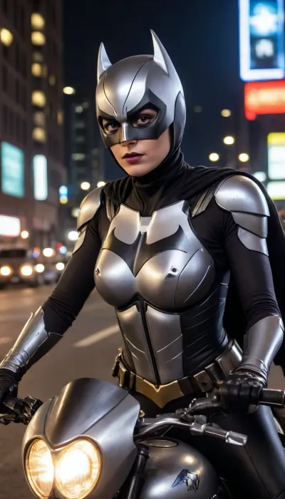 futuristic, in town, night, Batgirl, chrome color, silver armor, (no hair), helmet with visor, masked face, cape, (the black eye tour:1.5), riding the batmoto, silver motorcycle