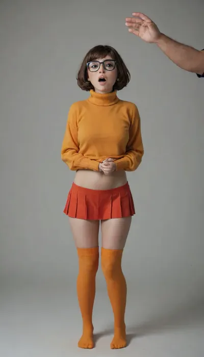 velma dinkley getting fucked violently by a big dick man, wearing thigh high socks and a orange turtleneck thats been pulled up to reveal her breasts, shocked and facial expression, big rounded and heavy tits, open mouth, velma dinkley, full body view