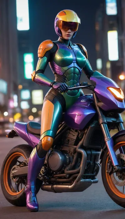 futuristic, in town, night, neons, female Robocop, Colorful Armor, (blue right arm, red left arm, green right leg, orange left leg, purple helmet and yellow body), (no hair), helmet with visor, riding big futuristic multiple colors motor, sexy pose, lying forward on the motorcycle