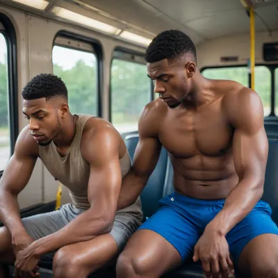 Three really tall muscular college basketball players massage each others muscles on the bus