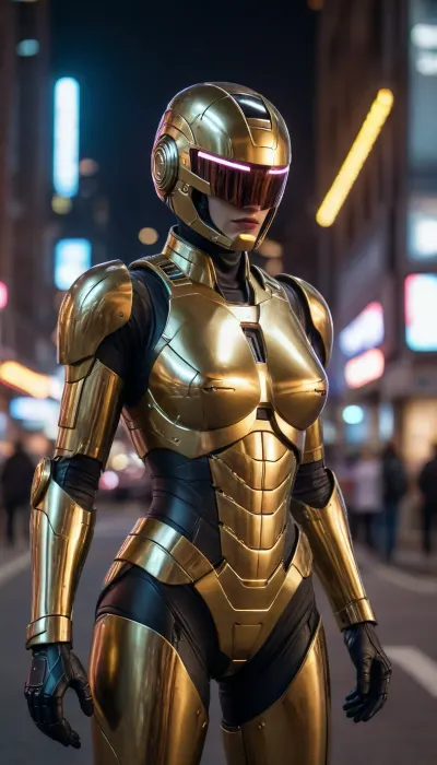in future town, night, neons, female Robocop, chrome color, golden armor, (no hair), helmet with visor