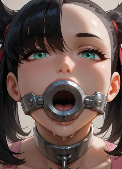woman, (best quality, marnie from pokemon, masterpiece, perfect lighting, 4k, ultra detail, detailed skin), simple background, (face close-up, black hair, long hair, detailed eyes), (spreadergag, open mouth, (metal gag), drooling, a lot of drool flowed), metal collar, looking at viewer, looks a little up