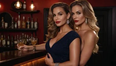 A hyperrealistic portrait of a beautiful mature woman in her mid-40s, clothed man, (front view:1.3), (grabbing from behind:1.3), long skirt, thigh-high slit, stiletto heels, seductive pose, arched back, one hand on hip, weight shift, oval face with defined cheekbones, sultry makeup, smokey eyes with glitter, matte red lips, feathered eyebrows, realistic skin texture, pores, subtle wrinkles, stretch marks on hips, natural skin imperfections, volumetric studio lighting, hyperdetailed anatomy, 8k resolution with elegant and attractive total figure features, smooth skin with natural texture, expressive eyes, slightly wavy chestnut hair, and a warm confident smile.Two very slutty heavily made up fit athletic womenn with fake dd breasts, dark brown tanned skin, puffy lips, tattoos, diamond naval piercing, wet long blonde messy hair, full, standing behind cocktail bar, they are looking at camera with extremely seductive and lustful look. there is a row of shot glasses with tequila on the bar. they caress their breasts while licking their lips