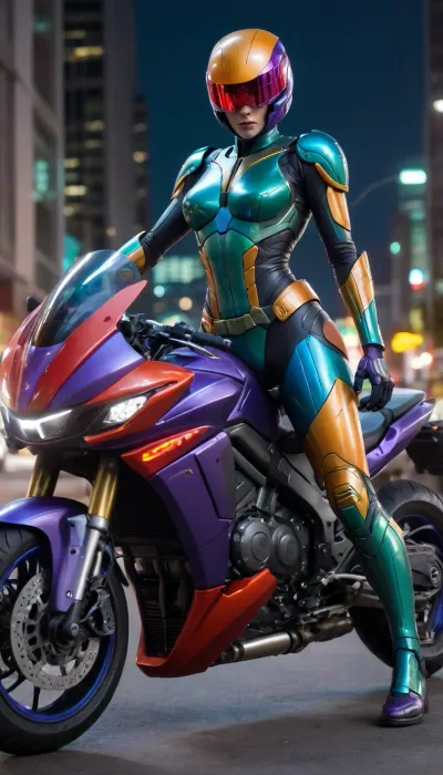 futuristic, in town, night, neons, female Robocop, Colorful Armor, (blue right arm, red left arm, green right leg, orange left leg, purple helmet and yellow body), (no hair), helmet with visor, riding big futuristic multiple colors motor, sexy pose, lying forward on the motorcycle