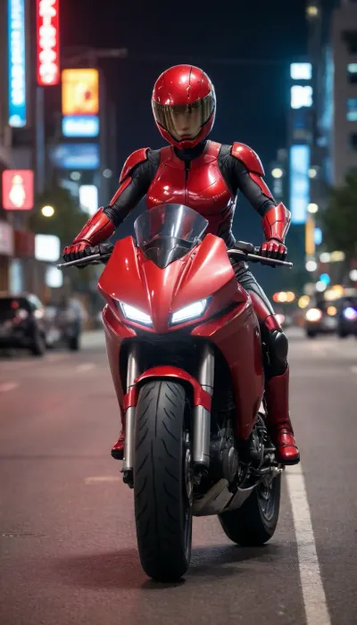 futuristic, in town, night, neons, female Robocop, red armor, (no hair), helmet with visor, riding big futuristic red motor, sexy pose, lying forward on the motorcycle