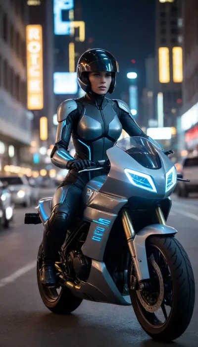 futuristic, in town, night, neons, female Robocop, (no hair), helmet with visor, riding big futuristic moto from Tron Legacy