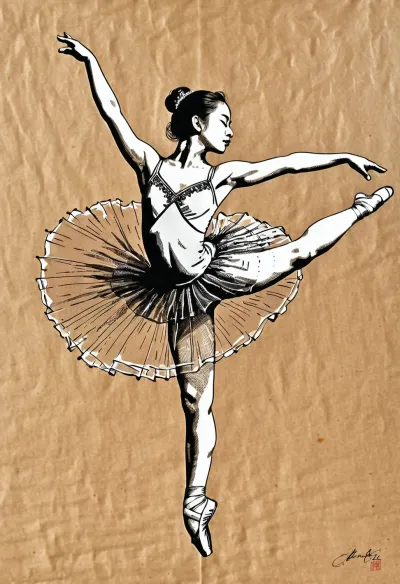 Graceful asian ballerina in mid-air leap, pen and ink drawing, intricate cross-hatching, fine line work, black ink on parchment, detailed tutu texture, sharp silhouettes, academic sketch style, Fresh, and, creative, pen, strokes, <lora:Fresh Ideas@Pen and ink drawings_SDXL:.8>, <lora:Detailed_female_hands-000001:.8>