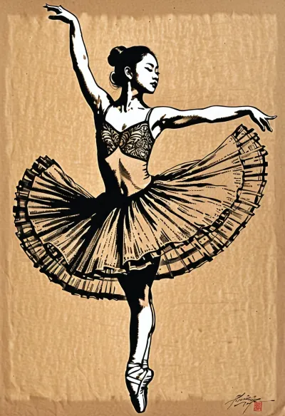 Graceful asian ballerina in mid-air leap, pen and ink drawing, intricate cross-hatching, fine line work, black ink on parchment, detailed tutu texture, sharp silhouettes, academic sketch style, Fresh, and, creative, pen, strokes, <lora:Fresh Ideas@Pen and ink drawings_SDXL:.8>, <lora:Detailed_female_hands-000001:.8>