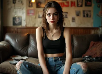 A 21-year-old american grunge girl is sitting on the couch in the run-down band rehearsal room. Her body is tall and waifish, detailed delicate warm diamond-shaped face, nose piercing, dark eye-liner, high check-bones, pointy chin, messy brown hair, grey blue eyes, olive skin, thin lips, no lipstick, (grunge style), cute smirk, delicate features, key visual, intricate detail, highly detailed, breathtaking, vibrant, (messy room, diy style furniture, sparsely furnished, tattered couch, beer cans, guitars, ashtrays, dark wallpaper, light bulbs), masterpiece, (best quality:1.5), soft light, soft backlighting, soft shadows, (best image:1.5), <lora:MJ52:.8>, (full body from a distance)
