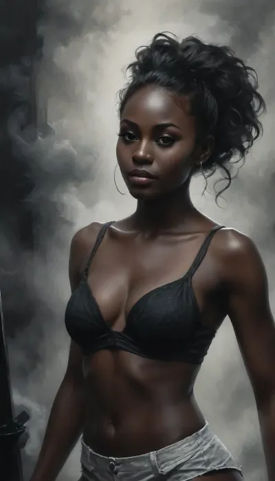 beautiful African 18 years old slutty posing pornstar with skinny figure, innocent, virgin, smile, long hair, high pigtails, bangs, (black skin:1.87), black skin, the girl is black and asian, (Black woman:1.7), (part asian:1.2), thigh gap, little white shorts, thin waist, narrow shoulders, big boobs, long skinny legs, insra mode selfie, showing her ass, melanin, (ziprealism:1.3), ultra-sharp details, realistic skin texture, refined contrast, 8k detail, authentic facial expression, clean composition, (maximum photo quality:1.4), (maximum resolution:1.5), Black, and, white, art, black, pencil, shading, charcoal, drawing, toned, paper, brutal, dark, b/w, color, scheme, cloudy, smoke, atmospheric, clouds, fog, <lora:Black and white art.V1:1.8>, <lora:Cloudy_Style:1>