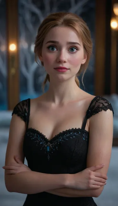Anna, (frozen), wearing a little black dress