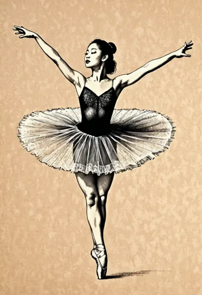 Graceful asian ballerina in mid-air leap, pen and ink drawing, intricate cross-hatching, fine line work, black ink on parchment, detailed tutu texture, sharp silhouettes, academic sketch style, Fresh, and, creative, pen, strokes, <lora:Fresh Ideas@Pen and ink drawings_SDXL:.8>, <lora:Detailed_female_hands-000001:.8>