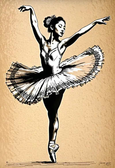 Graceful asian ballerina in mid-air leap, pen and ink drawing, intricate cross-hatching, fine line work, black ink on parchment, detailed tutu texture, sharp silhouettes, academic sketch style, Fresh, and, creative, pen, strokes, <lora:Fresh Ideas@Pen and ink drawings_SDXL:.8>, <lora:Detailed_female_hands-000001:.8>