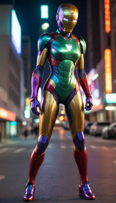 futuristic, in town, night, neons, female Ironman, chrome colour, Colorful Armor, (blue right arm, red left arm, green right leg, orange left leg, purple helmet and yellow body), (no hair), helmet with visor, masked face