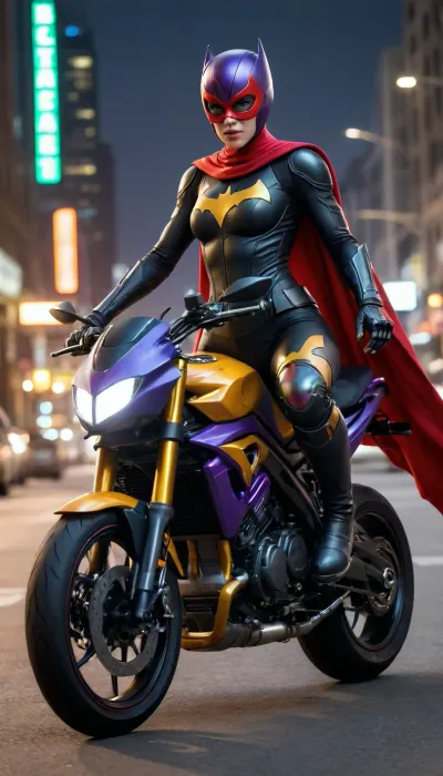 futuristic, in town, night, Batgirl, chrome color, Colorful Armor, (blue right arm, red left arm, green right leg, orange left leg, purple helmet and yellow body), (no hair), helmet with visor, masked face, (cape), (the black eye tour:1.5), riding the big batmoto, (((multiple colors motorcycle)))