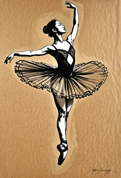 Graceful asian ballerina in mid-air leap, pen and ink drawing, intricate cross-hatching, fine line work, black ink on parchment, detailed tutu texture, sharp silhouettes, academic sketch style, Fresh, and, creative, pen, strokes, <lora:Fresh Ideas@Pen and ink drawings_SDXL:.8>, <lora:Detailed_female_hands-000001:.8>