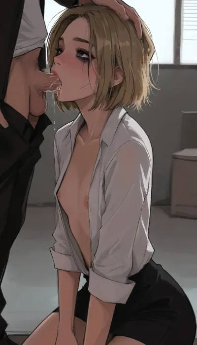 markgavatino style, masterpiece, 1girl, (office background), flat chested, blonde hair, open shirt, on knees, giving deep throat blowjob, cum on cock, ruined makeup, samdoesarts, by, ((ratatatat74)), <lora:mk_Bp Anime_xl:1.8>, <lora:samdoesarts1.1-000030:.9>, <lora:EnvyAnimeDigitalPaintingXL01:1.2>, <lora:EnvyCuteXL03:1.8>, <lora:ratatatat74-000050:2>