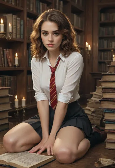 (adult Hermione Granger from Harry Potter:1.3), (bushy brown hair in loose waves:1.2), (intelligent brown eyes with subtle sparkle:1.3), fair skin with light freckles, wearing traditional Gryffindor Hogwarts uniform, scarlet and gold trimmed robes open over white blouse, pleated grey skirt, red and gold striped tie slightly loosened, black mary jane shoes, no socks, sitting cross-legged on ancient wooden library floor surrounded by towering stacks of glowing magical books with floating dust motes, holding open thick leather-bound tome with golden runes, soft warm candlelight glow from floating candles above, dynamic golden highlights and deep shadows, cozy intimate atmosphere, detailed fabric textures with folds and creases, realistic skin subsurface scattering, intricate book details with embossed covers and glowing pages, Restricted Section background with chains and forbidden tomes, cinematic three-quarter view, highly detailed, 8K HDR, (cutesexyrobutts:1), (mark gavatino:1.1), reiq, (incase:1), (soft natural medium breasts under blouse:1.1), gentle curves, subtle thigh exposure from skirt, innocent yet mature expression focused on reading, warm ambient library lighting with flickering flames, volumetric light rays through dust.