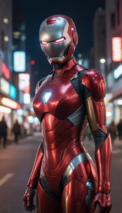 futuristic, in town, night, neons, female Ironman, chrome colour, red armor, (no hair), helmet with visor, masked face