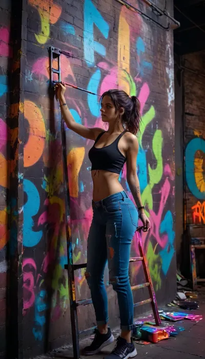 A Brazilian street artist, mid-20s, lean and muscular, wearing a black tank top and ripped jeans, standing on a ladder, passionately painting vibrant, holding a paint spreay ca in her hand. neon-colored graffiti on a brick wall in an urban alley. The artist is facing the wall. The graffiti depicts abstract, swirling patterns and bold, stylized letters. The scene is illuminated by the glow of the neon colors and a single, flickering streetlamp casting dramatic shadows. The background features a mix of dark, moody buildings and a starry night sky. The image is captured with a DSLR camera, using a wide-angle lens to emphasize the depth and scale of the scene, with a cinematic, high-contrast color grade, 4K, ultra-detailed, hyper-realistic, masterpiece, trending on ArtStation., <lora:MJ52:.1>, PENeonUV, blacklight, neon, <lora:PE_NeonUV Style:.8>, <lora:xl_more_art-full_v1:.8>