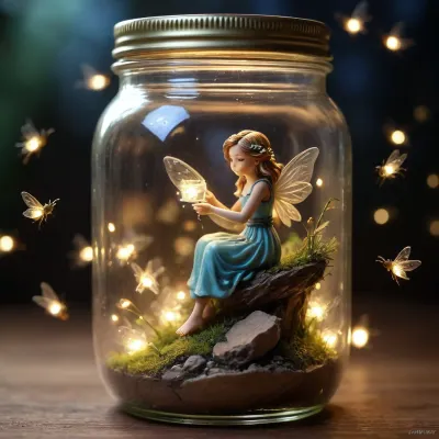 fairy tale, fairytale, a toy fairy figure sleeping in a jar, fireflies. /©KlTTY-ART/