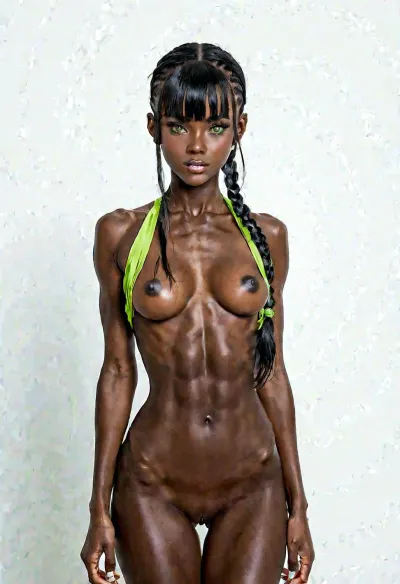 black skin, skinny, shoulder-length straight hair with straight-cut bangs, breasts size B, perky nipples, wide hips-8, green sports braid