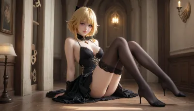 A full-length adult girl, wearing a beautiful, full dress, wearing a black steampunk costume with yellow elements, a gothic dress style, Navia from the game Genshin Impact, long yellow hair, large purple eyes, a happy smile, 1 girl, breasts, firm breasts, firm nipples, uncensored, looking at viewer, shiny skin, blush, bangs, woman, _jbright__, (genshin, impact), solo, navia, (genshin, impact/), jewelry, black thigh-high stockings, <lora:Navia_XL_LoRA:2>