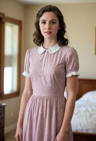 A beautiful 21 year old woman, American, perfect skin, Mormon missionary, short length brunette hair, wavy hair, wearing a missionary dress, (Mormon style), Utah style, standing in a bedroom, <lora:Mormon_Sister_Missionary:.8>