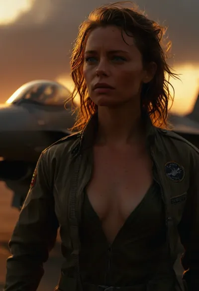 A confident, strong female fighter pilot climbing into an F-16 jet on a military airbase during sunset, the warm golden light creating a dramatic backlight that highlights her silhouette and flowing hair, she wears a classic flight suit, (slightly open at the front:1.3), (revealing an elegant décolleté:1.5), (depp neckline:1.3), her expression is focused and self-assured, she is stepping up the external ladder, with the open cockpit canopy above her, the F-16 stretches behind her, slightly blurred due to shallow depth of field, the environment is dusty, with hints of other jets and equipment in the background, creating a heroic, Top Gun-inspired atmosphere, ultra-sharp details, realistic skin texture, refined contrast, 8k detail, authentic facial expression, clean composition, (maximum photo quality:1.4), (maximum resolution:1.5), delicate face, blue eyes, (perfect lit pussy:1.4), wet body monsoon rain, cloudy, smoke, atmospheric, clouds, fog, braless, Wearing, clothes, that, make, sense, with, Braless>, <lora:DetailedEyes_V3:.7>, <lora:Cloudy_Style:.1>, <lora:MJ52:.4>, <lora:Portrait_perfection:1.3>, <lora:bralessSDXL_v1_00022:.8>