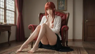 Adult, 8K, masterful work, perfect anatomy, clear image, clear eyes, expressive eyes, slender figure, realistic skin, full length, naked breasts, 1 girl, elegant girl, kind, gentle, smiling, young, with long red hair braided and characteristic yellow eyes with red rings, natural breasts, Makima, Makima from "Chainsaw Man", vagina visible from under skirt, sitting on a chair, royal look, domineering look, naked girl, long bangs at temples, long braid at back, makima_\, (chainsaw_man\), shirt, red_hair, yellow_eyes, braided_ponytail, bangs, ringed_eyes, long_hair, white_shirt, <lora:makima:2>, <lora:makima_lokr_sdxl_1200:.2>, <lora:玛奇玛:.8>