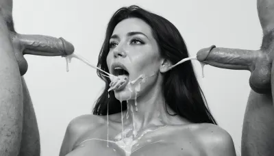 (milf:1.2), (black&white:1.9), white background, white room, close-up of a white man's 18 inch penis, hard-on, big testicles, the white man is sitting with his back to the wall, masturbating, he is shooting a cumshot on the face of a naked busty white woman, topless, gorgeous, (milf:1.1), (extremely long smooth black hair:1.5), (wide_hips:1.5), (Massive ass:1.1), (massive breasts:1), thin waist, the white woman is wearing shimmering shiny glossy black pantyhose with open crotch, The white woman is laying on her back, (gaping mouth:1.2), (realistic excessive thick runny cum all over her face and body), licking the dickhead of the whiten man's penis, mouthfull of cum, excessive cum dripping out of her open mouth, nose full of cum, mouth full of cum, lots of very thick cum, loads of cum, woman, on, face, excessive bukkake, cum, facialized, superfacialized, surrounded by dicks, 2+ men.