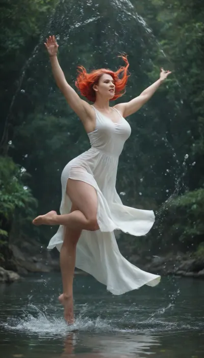 1 woman, 59 years old milf, tall, hourglass body, big tits, vibrant red hair, asimmetric bob cut, wearing a light white dress, she is dancing spinning around, dynamic pose, (creating splash of water in the air moving around her:1.5), (numerous strand of water dancing around her body:1.5), in a forest pond, sun ray shine on her