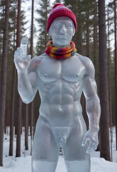 Ice sculpture of a naked man. Iceman. Man made of ice, Transparent body Wearing colorful winter scarf, PEIceSculpture, ice, sculpture, Penis. Dick. Winter hat. Winter accessories. Has a cock between his legs, solo male, stroking his dick, penis, outdoors, ais-icebaby, made, of, <lora:PE_IceSculpture:2>, <lora:xpenis-1.5e:1.3>, <lora:Ice_Style_SDXL:1.9>