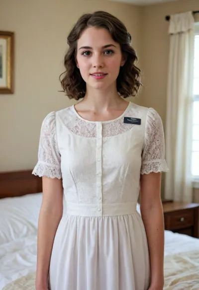 A beautiful 21 year old woman, American, perfect skin, Mormon missionary, short length brunette hair, wavy hair, wearing a plain and modest church dress, nametag, standing in a bedroom, <lora:Mormon_Sister_Missionary:.8>