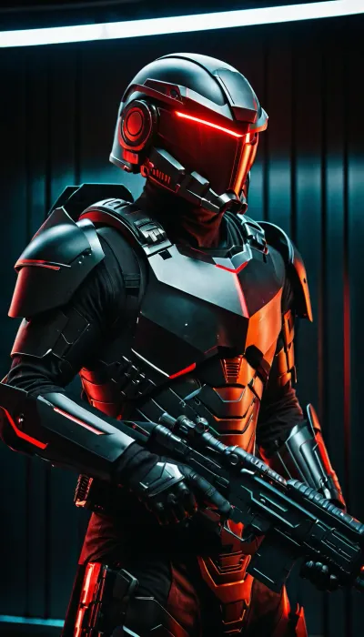 warrior of the future, high-tech black armor, face completely hidden by a helmet, helmet visor glows red, very aggressive overall appearance, holding a laser rifle, full body in frame, side view