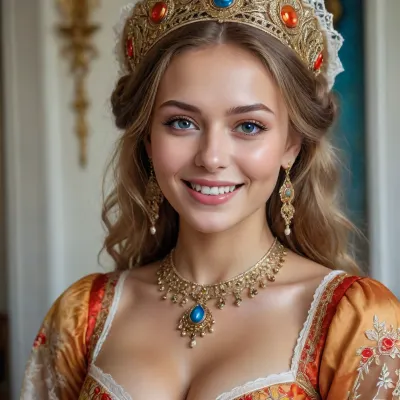 tanned laughing 20yo milf, very beauty, perfect russian face, perfect make up, masterpiece, 4k-Resolution, big breasts, Portrait of a Russian beauty in national costume, lace filigree of bright, rich color. Super clear, highly detailed watercolor, glaze technique, plus colored alcohol ink, style of V. Vasnetsov