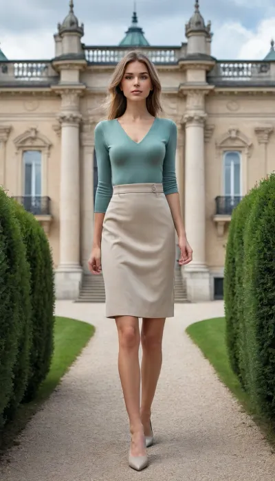 (full body in frame), En arrière-plan, un très grand bâtiment historique en pierre, au style monumental, façades alignées de nombreuses fenêtres rectangulaires, colonnades et lucarnes sur le toit. À droite, une tour élancée avec un toit en pointe et des détails architecturaux qui donnent une impression de palais ou de château. Le terrain est un vaste parterre de gazon bien entretenu, avec des statues ou socles en pierre disséminés çà et là et des haies taillées. Le ciel est bleu et lumineux, indiquant une journée claire et ensoleillée.

Personne au premier plan Une personne debout, face à l’objectif, les bras détendus le long du corps, sans attitude dynamique. Vêtements, un haut moulant kaki vert olive avec un col en V, manches courtes, une jupe courte blanche, avec une petite fente sur le côté. Chaussures, mocassins ou chaussures décontractées gris clair. Accessoire, un sac ou une bandoulière visible sur l’épaule, croisée sur le torse. Cheveux gris blancs coupés courts, la posture est décontractée, les pieds légèrement écartés.

Couleurs et ambiance générale Dominante de beige/gris du bâtiment, vert du gazon et kaki du haut. L’image dégage une impression de promenade estivale ou de visite touristique en extérieur.