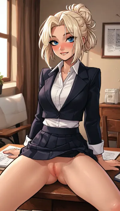 Score_9, score_8_up, score_7_up, (reiq meets innv and markgavatino style:1), White blonde hair in a bun, blue eyes, office outfit, (giant tits:1), sitting on table, mini skirt, spreads her legs, no panties, (smooth tidy godpussy:1.1), (flushed cheeks, blushing desperately horny:.8), (eye contact, inviting smile, lip bite:1.2), high contrast, (dramatic lighting:1), (dynamic motion, motion blur), score_9, SamDoesArts, traditional, media, <lora:LCMTurboMix_Euler_A_fix:1.4>, <lora:EnvyBeautyXL02:1.8>, <lora:SDXLSamDoesArts:1.8>, <lora:Yogisya_XL:1.9>, <lora:mk_Bp Anime_xl:1.8>