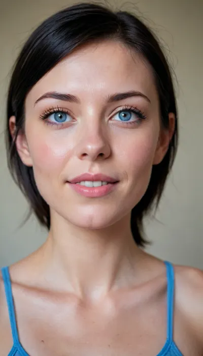 Subject, a person with head and shoulders visible, (bare), three-quarter view.
Light blue eyes, square face. Long, very hooked and pointed nose, thin lips, smiling. Black hair, boyish cut with bangs. Ear, one ear is visible on the left side of the image. Skin, fair complexion visible on the neck and upper shoulders. Background, light-colored wall. Light, soft and natural lighting, no sharp shadows.