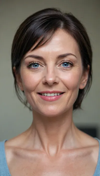 Subject, a woman 70 year old with head and shoulders visible, (bare), three-quarter view.
Light blue eyes, square face. Long, very hooked and pointed nose, thin lips, smiling. Black hair, boyish cut with bangs. Ear, one ear is visible on the left side of the image. Skin, fair complexion visible on the neck and upper shoulders. Background, light-colored wall. Light, soft and natural lighting, no sharp shadows.