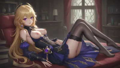 A full-length adult girl, wearing a beautiful, full dress, a black steampunk costume with yellow elements, a gothic dress style, Navia from the game Genshin Impact, (long yellow hair), large purple eyes, a happy smile, 1 girl, breasts, firm breasts, firm nipples, uncensored, looking at viewer, shiny skin, blush, bangs, woman, _jbright__, (genshin, impact), solo, navia, (genshin, impact/), jewelry, black thigh-high stockings, <lora:Navia_XL_LoRA:2>