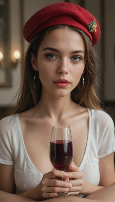 French woman with cliché clothing, with a beret and with a glass of red wine make a handjob