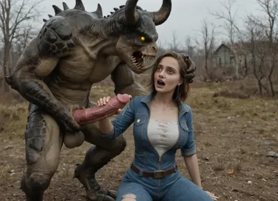 Lucy is dressed in a Vault 111 jumpsuit, is getting aggressively fucked by a massive green Deathclaw out in the Capital Wastes, handjob, Interspecies, Deathclaw, Fallout, lizard penis, mutant male, monster sex, zoophilia, detailed faces detailed eyes, detailed mouth, detailed pupils, detailed teeth, HD, ultra detailed, outdoors, torn suit, grinning female, eyes rolled back, gloomy setting, capital wasteland setting, perfect eyes, cumflation