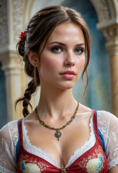 chubby Lara Croft, big breasts, Portrait of a Russian beauty in national costume, lace filigree of bright, rich color. Super clear, highly detailed watercolor, glaze technique, plus colored alcohol ink, style of V. Vasnetsov