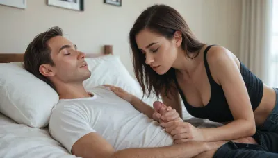 8k, score_9, score_8_up, score_7_up, FILM PHOTOGRAPHY STYLE, cinematic photography of a woman, professional portrait photo realism, score_6_up, 1girl, 1boy, hetero, penis, long_hair, black_hair, breasts, realistic, closed_eyes, shorts, bed, pillow, cleavage, medium_breasts, pants, uncensored, shirt, handjob, midriff, lips, erection