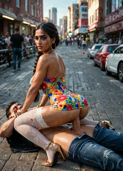 Outdoors, in public, Downtown Madrid, spectators in background, Wide shot, (cowgirl style sex:1.4), (A beautiful busty 35 year old indian woman with extremely long black hair in a braid, woman is wearing a colorful floral bodycon mini dress, high heels, stockings, gold hoop earrings, bracelets, diamond choker), fucked by, (55 year old muscular Latino man with a massive cock, man is wearing a tight T-shirt, man's jeans are unzipped and have fallen down to his ankles, man is wearing hiking boots, glistening shiny skin, sweating, graying hair), man is seated on a bench and is fucking the woman's pussy, woman is lowering herself onto his massive cock, his cock is extremely veiny, gorgeous lighting, beauty, sex, fuck, love, small ass, narrow, hips, Indian, girl, <lora:Detailed_female_hands-000001:.9>, <lora:Indian girl:.8>