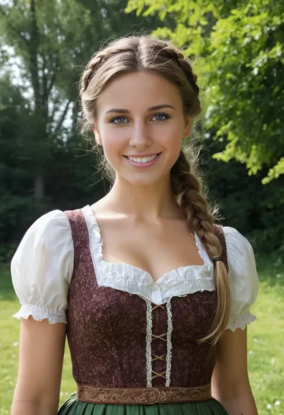 (high quality photographie), (detailed eyes), (detailed skin), (ultra sharp), one only beautiful tall 22yo woman, in traditional Austrian Dirndl Dress, on a sunny day on in the garden, no makeup, smiling, full body view