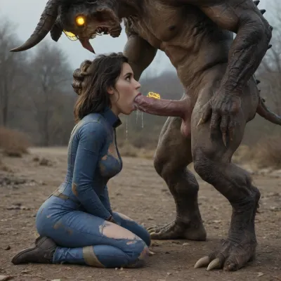 Elizabeth Comstock is dressed in a Vault 111 jumpsuit, is aggressively blowing a massive green glowing Deathclaw out in the Capital Wastes. Interspecies, Deathclaw, Fallout, Elizabeth Comstock, Bioshock Infinite, huge penis, (reptilian penis), mutant male, monster blowjob, zoophilia, detailed faces detailed eyes, detailed mouth, detailed pupils, detailed teeth, HD, ultra detailed, outdoors, torn body suit, unzipped suit, glowing male, cum inside, radioactive male, (mind broken female:1.4), gloomy setting, (deep oral), capital wasteland setting, full body side view