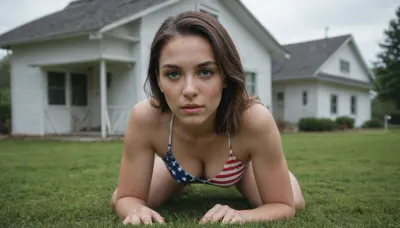 Cinematic still the viewer looks at at a submissive mature age 55 woman kneeling on lawn in front of the "White House, " the home of the President of the United States. Perfect lawn. American Flag. She's gazing at the viewer with big, sexy eyes. She is wearing American Flag patterned lingerie. The first-person perspective immerses the viewer in the seductive woman. 4k epic detail, shot on kodak, 35mm photo, sharp focus, high budget, cinemascope, moody, epic, gorgeous, film grain, grainy, score_9, score_8_up, score_7_up, rating, explicit